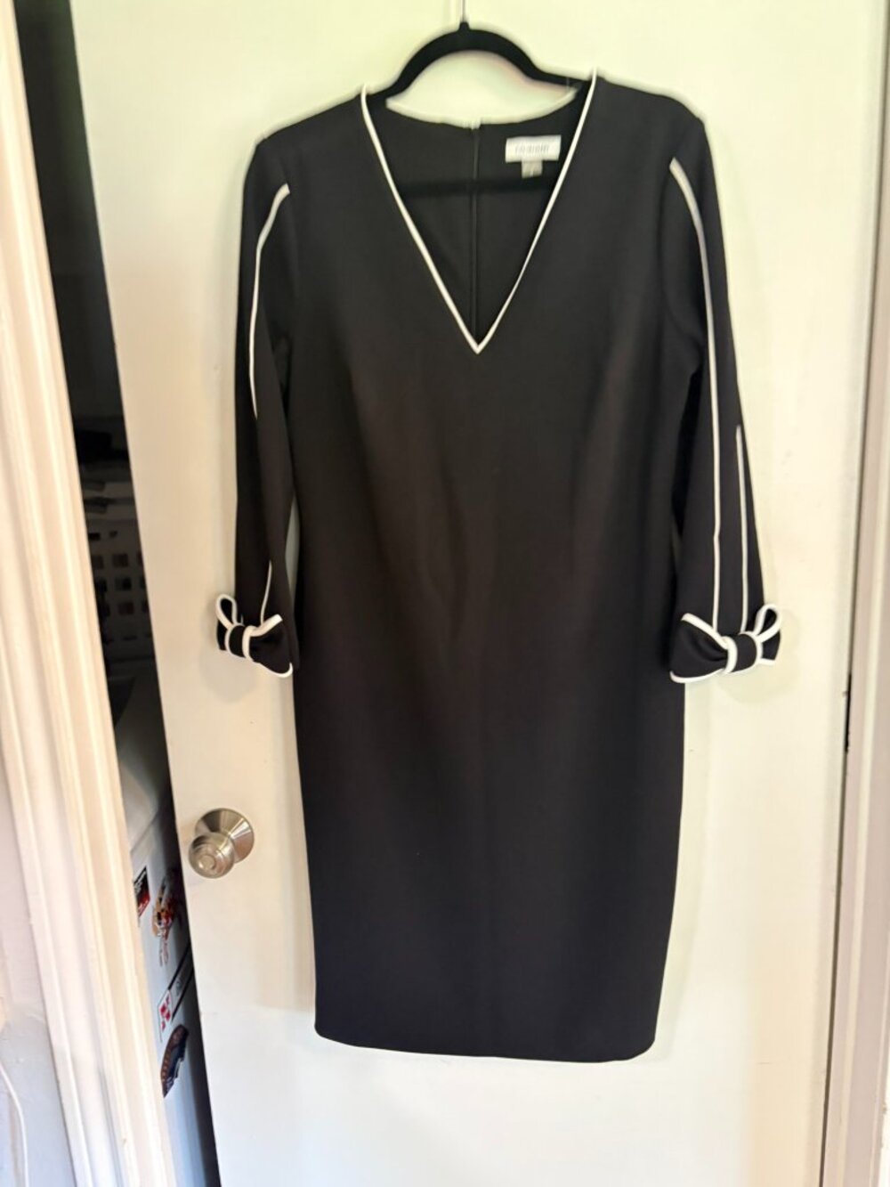 Calvin Klein Black White Piped Bow Sleeve Sheath Dress Size 12